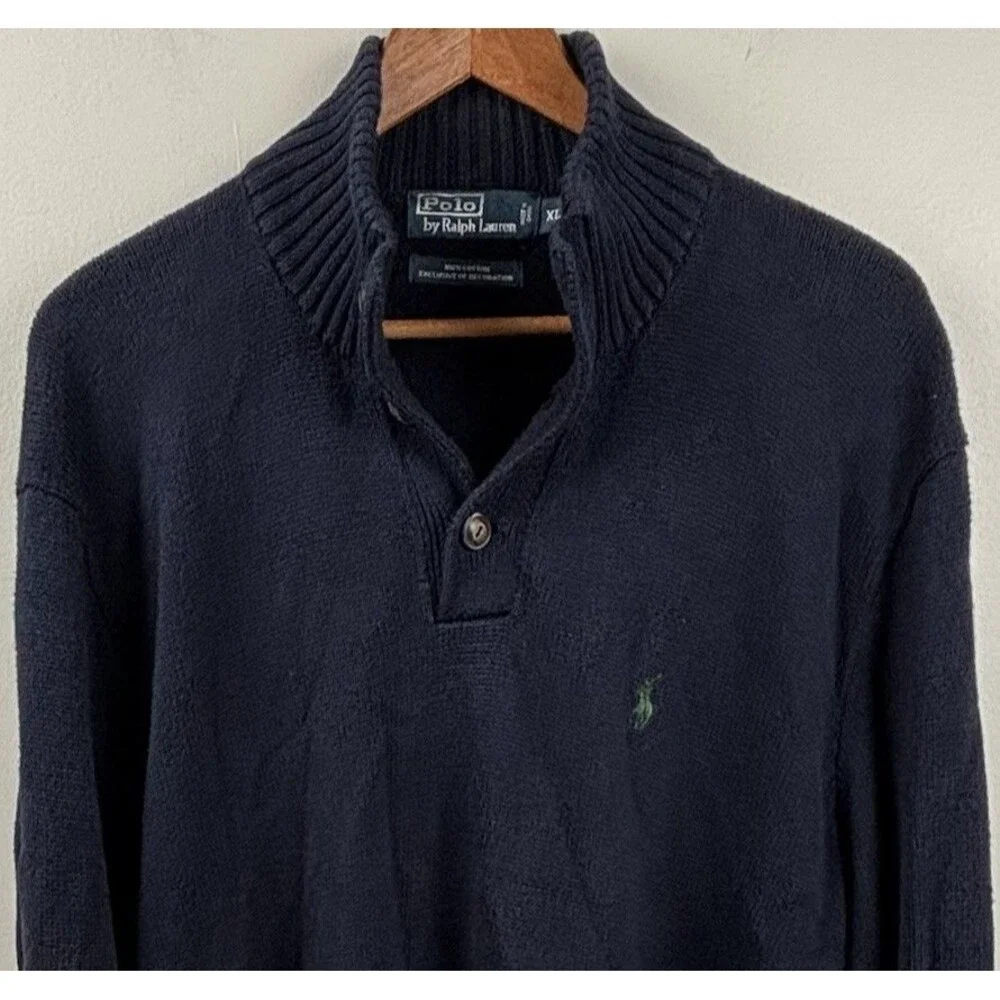 Polo Ralph Lauren Sweater Men XL Navy Estate Rib Shawl Neck Pullover Pony Cotton